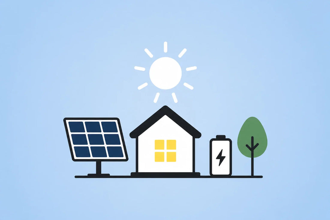 Off-grid cabin at sunset with solar panels, portable power station and lantern - Independent. Resilient. Free.