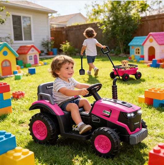 Kids Electric Ride On Tractor With Trailer 12V Powered Children's Farm Tractor Toy Car With LED Lights, Music PP Material For 3-6 Years Old