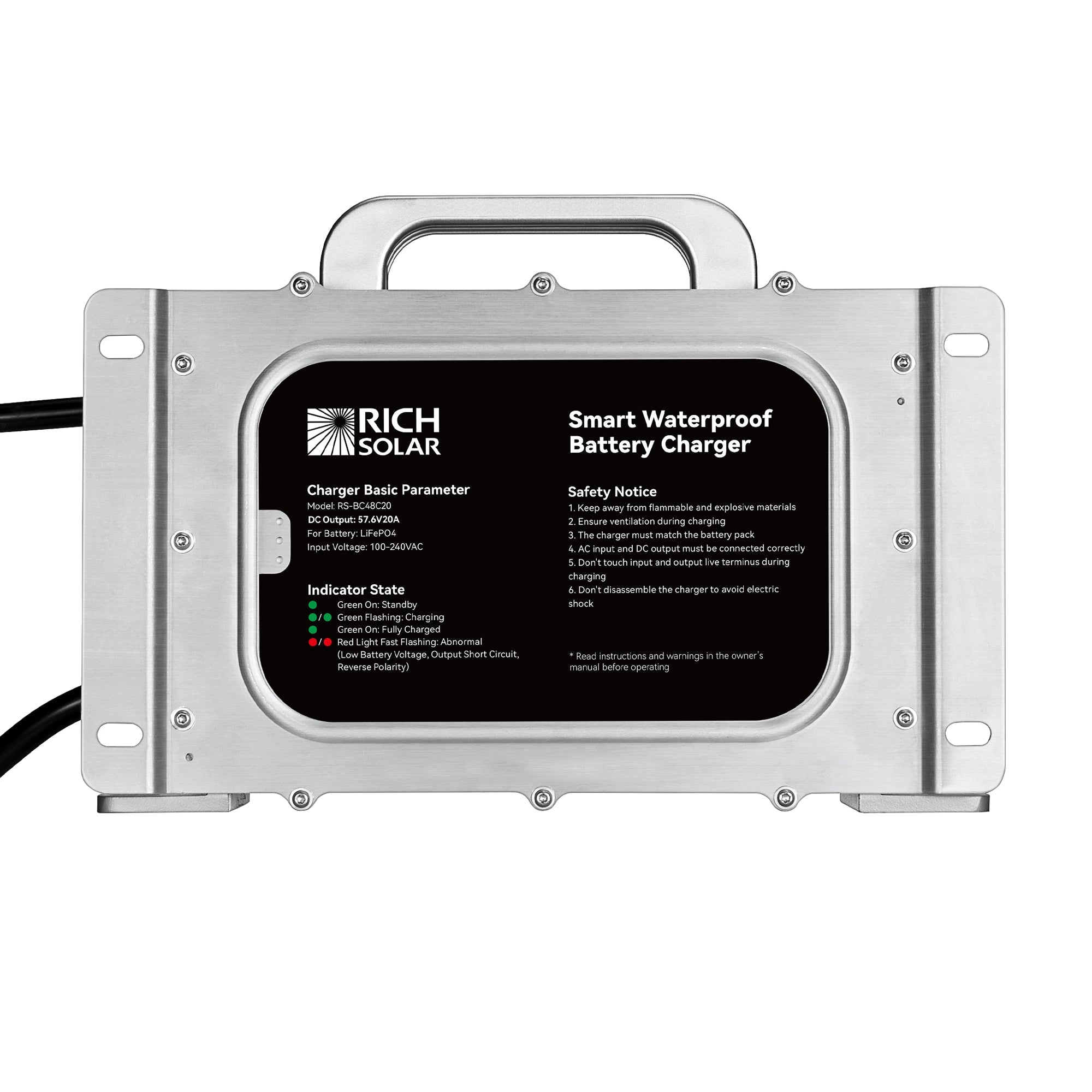 48V (57.6V) Waterproof LiFePO4 Charger | 20A / 25A,  100-240V AC, 8-in-1 Protection, Fan-Cooled