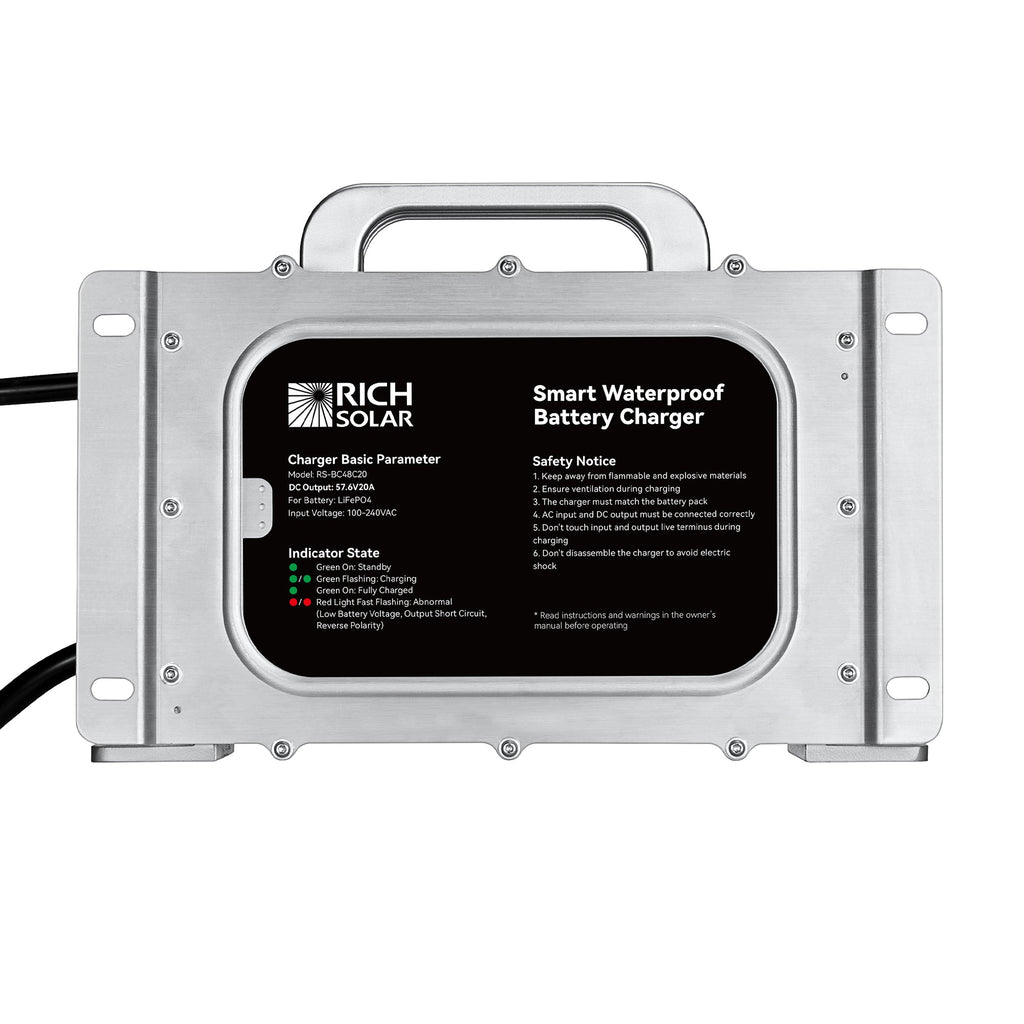 48V (57.6V) Waterproof LiFePO4 Charger | 20A / 25A,  100-240V AC, 8-in-1 Protection, Fan-Cooled