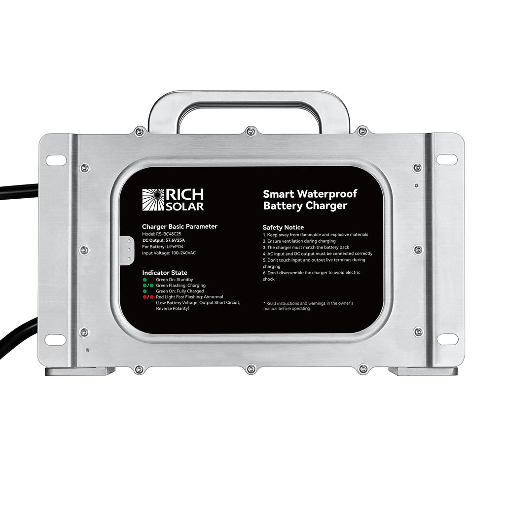 48V (57.6V) Waterproof LiFePO4 Charger | 20A / 25A,  100-240V AC, 8-in-1 Protection, Fan-Cooled