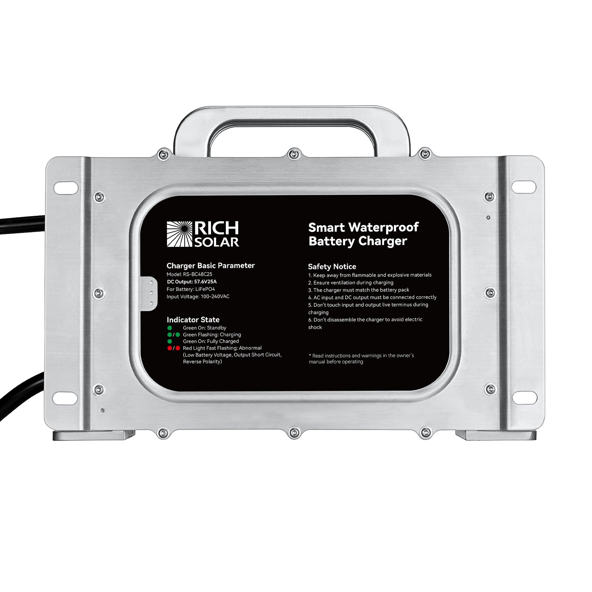 48V (57.6V) Waterproof LiFePO4 Charger | 20A / 25A,  100-240V AC, 8-in-1 Protection, Fan-Cooled