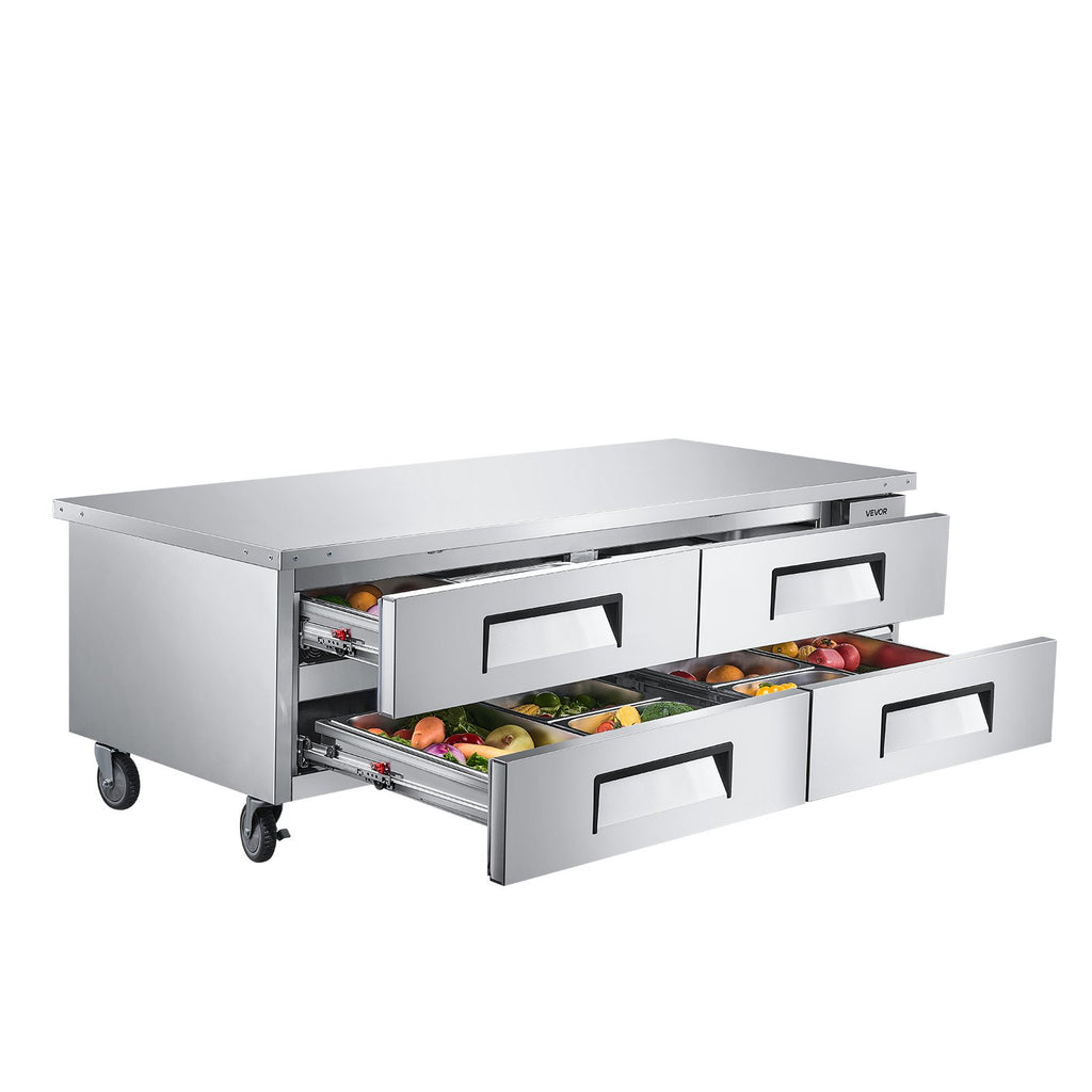 Chef Base Refrigerator, 72" W Commercial Chef Bases Worktop Refrigerators, 4-Drawer Under Counter Fridge With 12 Pans Stainless Steel, Heavy-Duty Refrigerated Base, Invisible Door Handle