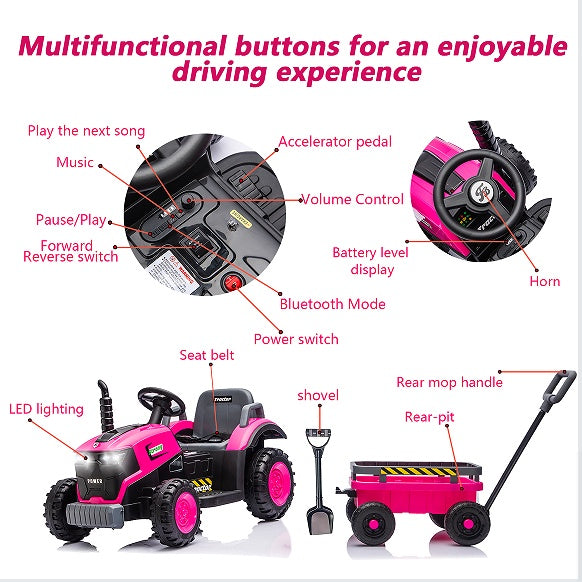 Kids Electric Ride On Tractor With Trailer 12V Powered Children's Farm Tractor Toy Car With LED Lights, Music PP Material For 3-6 Years Old