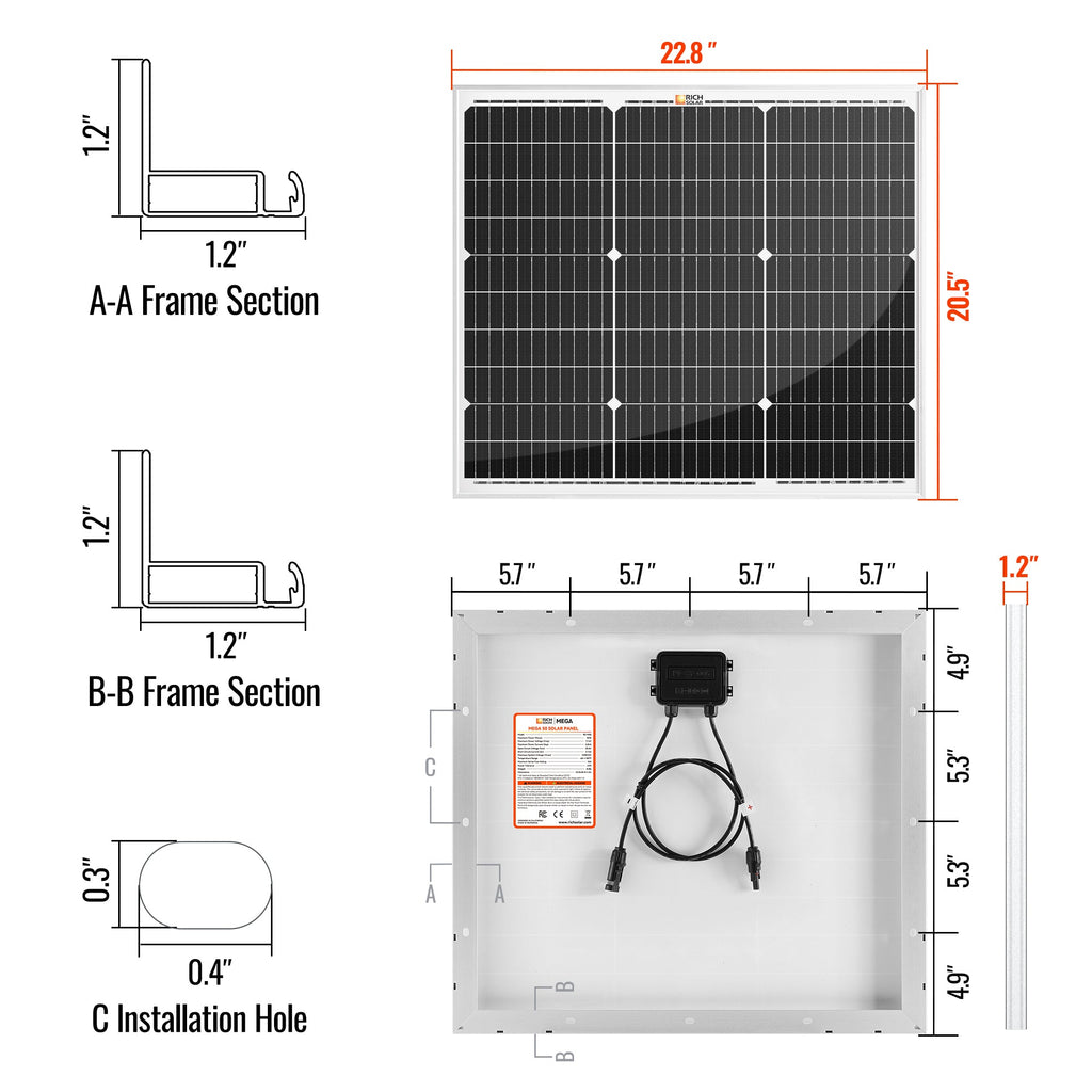 MEGA 50 | 50 Watt Solar Panel | Compact 12V Off-Grid Solar Panel for Boats, Vans, Trailers | 25-Year Output Warranty