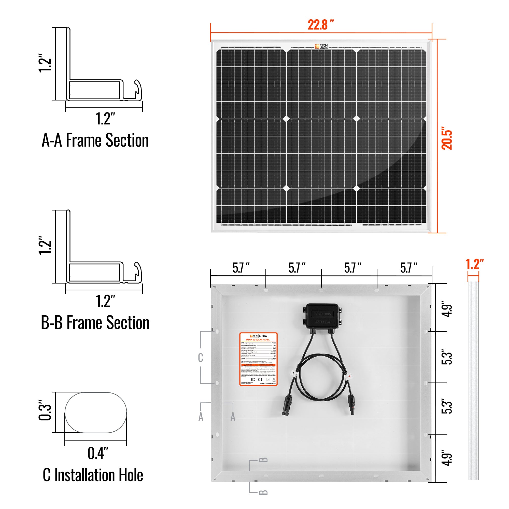 MEGA 50 | 50 Watt Solar Panel | Compact 12V Off-Grid Solar Panel for Boats, Vans, Trailers | 25-Year Output Warranty
