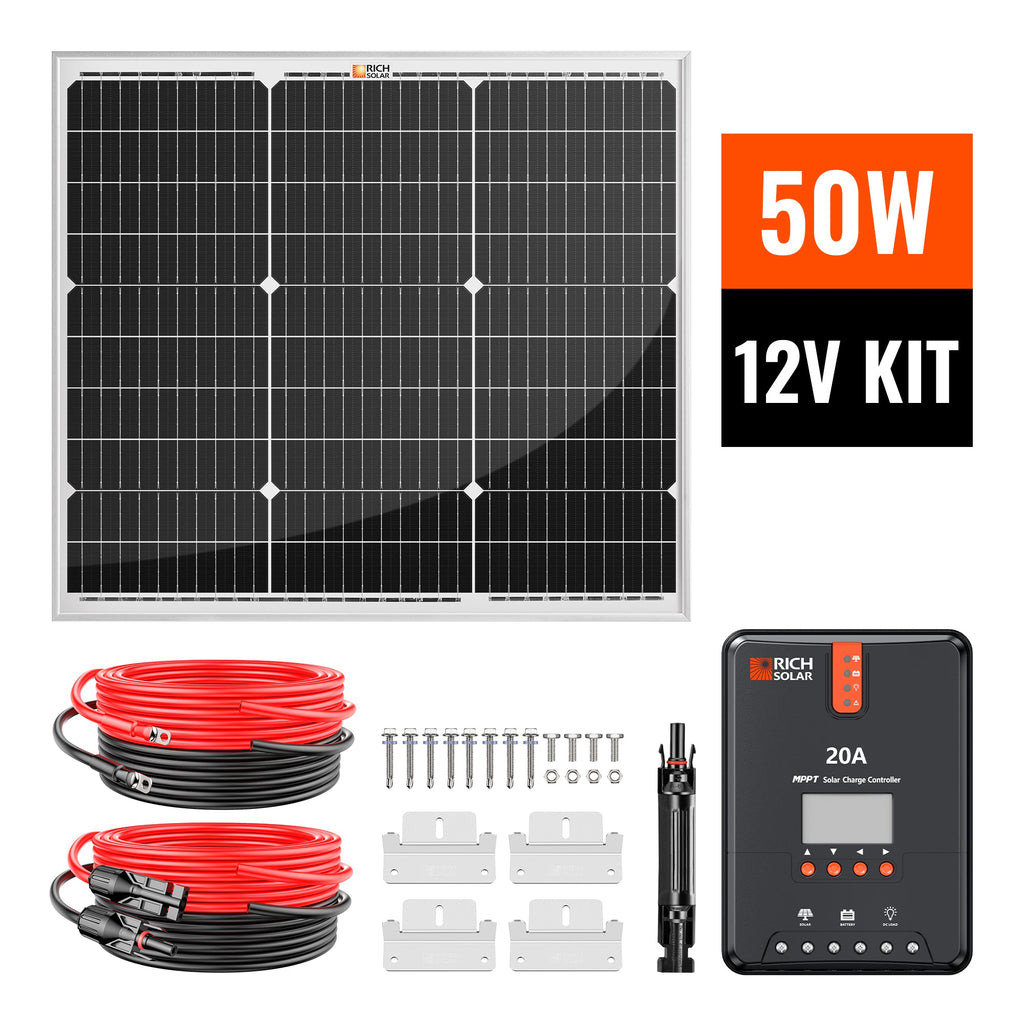 50 Watt Solar Kit | Includes 50W Solar Panel + 20A MPPT Solar Controller + Wires and Brackets | DIY Complete Solar Kit without Batteries