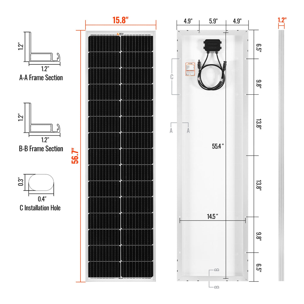 MEGA 100 SLIM SLX | 100 Watt Slim Solar Panel | Compact 12V Off-Grid Narrow Solar Panel for Campers, Overlanders, Boats | 25-Year Output Warranty