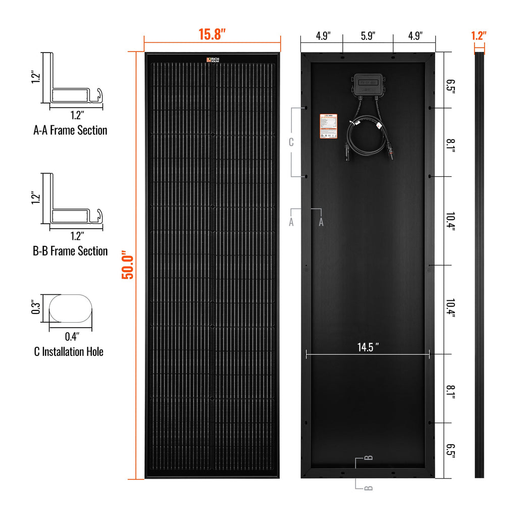 MEGA 100 SLIM ONYX | 100 Watt Slim Solar Panel | Compact 12V Off-Grid Narrow Solar Panel for Vans, Overlanders, Boats | 25-Year Output Warranty