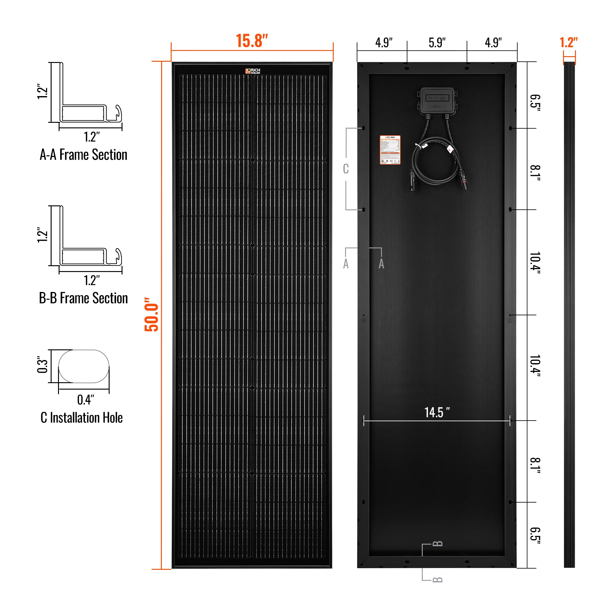 MEGA 100 SLIM ONYX | 100 Watt Slim Solar Panel | Compact 12V Off-Grid Narrow Solar Panel for Vans, Overlanders, Boats | 25-Year Output Warranty