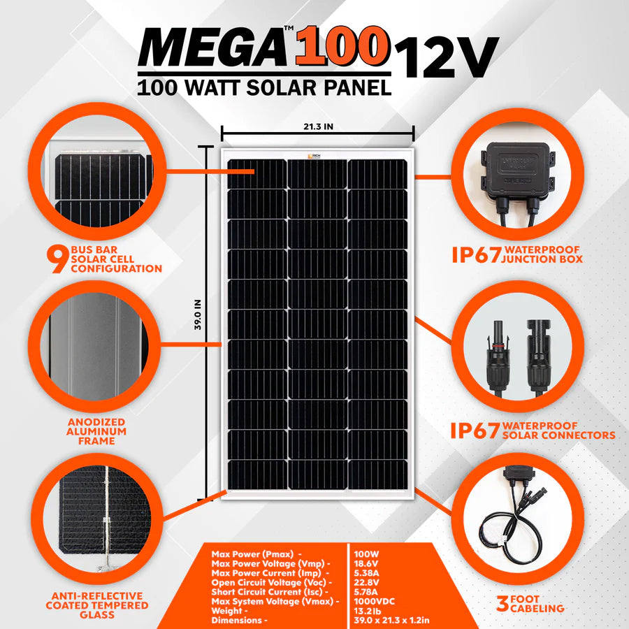 MEGA 100 ONYX | 100 Watt Solar Panel | Premier 12V Off-Grid Solar Panel for Vans, Campers, Boats | 25-Year Output Warranty