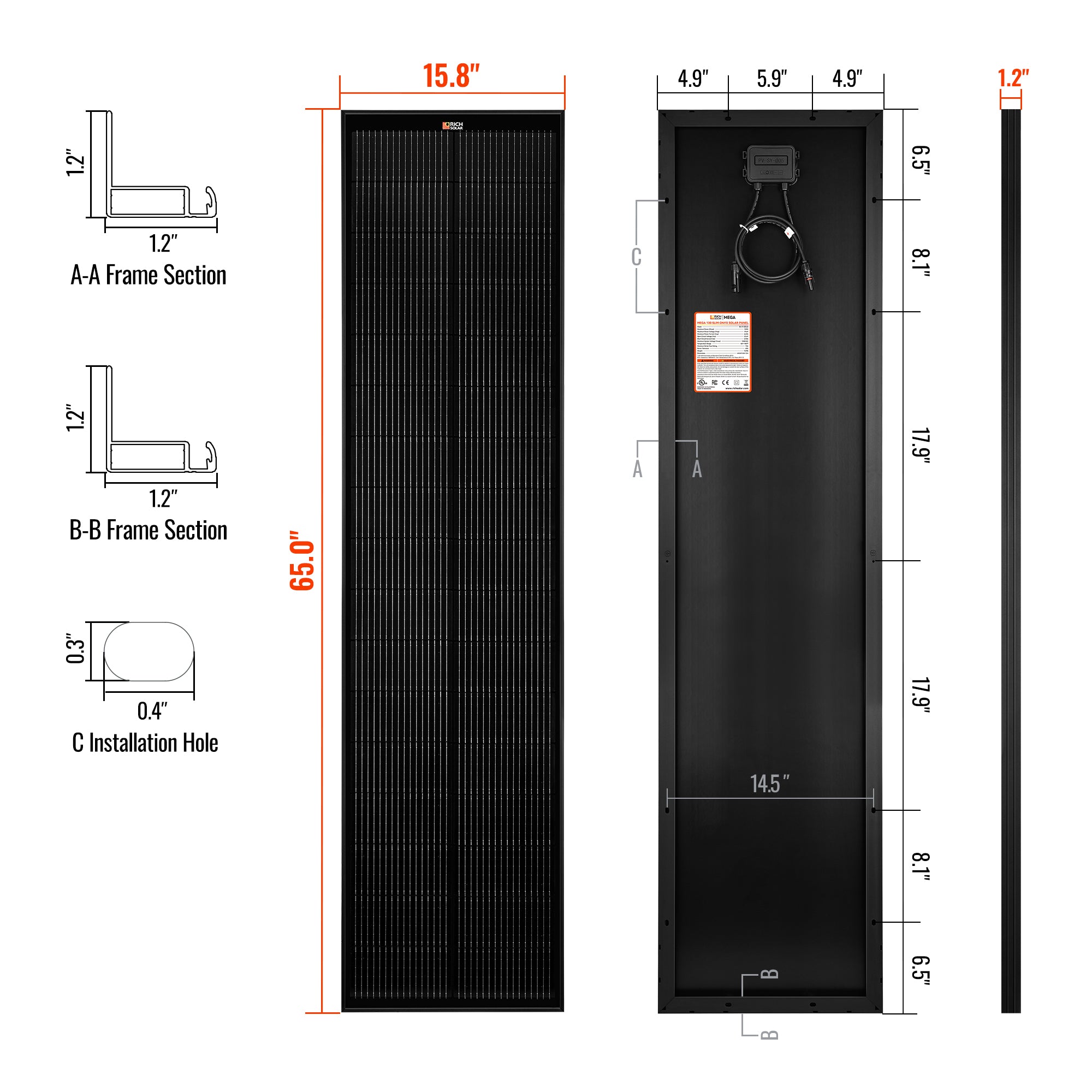 MEGA 130 SLIM ONYX | 130 Watt Slim Solar Panel | Compact 12V Narrow Panel for Vans, Campers, Boats  | 25-Year Output Warranty