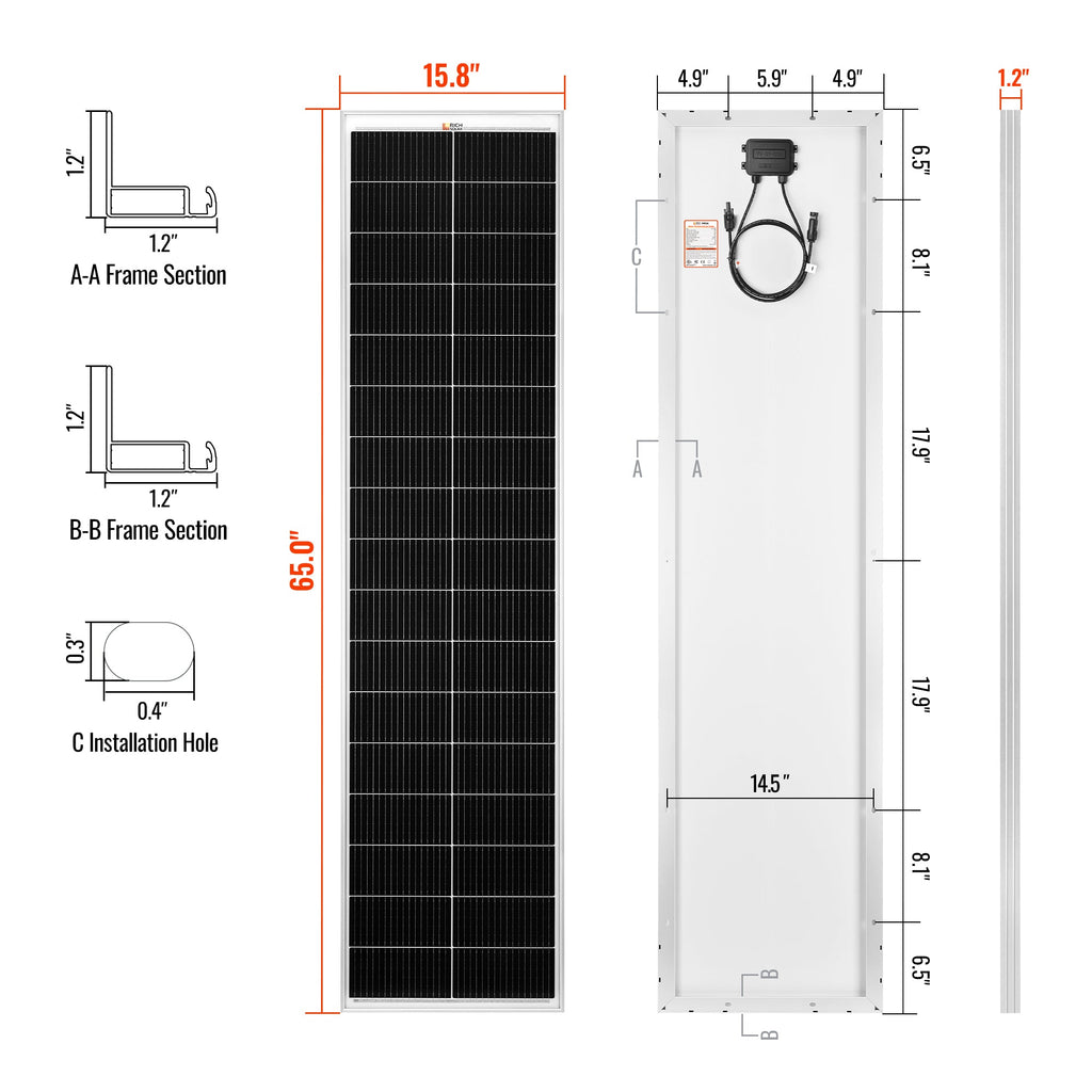 MEGA 130 SLIM | 130 Watt Slim Solar Panel | Compact 12V Narrow Panel for Vans, Campers, Boats  | 25-Year Output Warranty
