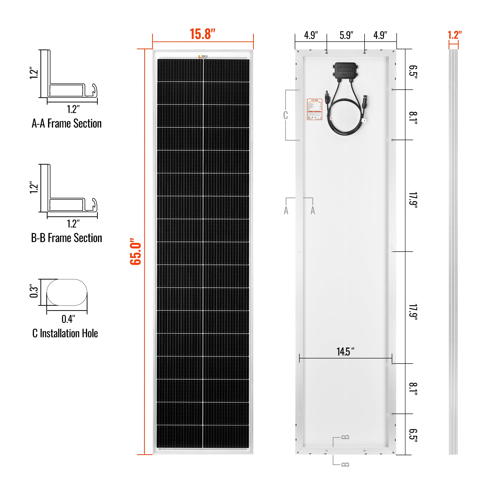 MEGA 130 SLIM | 130 Watt Slim Solar Panel | Compact 12V Narrow Panel for Vans, Campers, Boats  | 25-Year Output Warranty