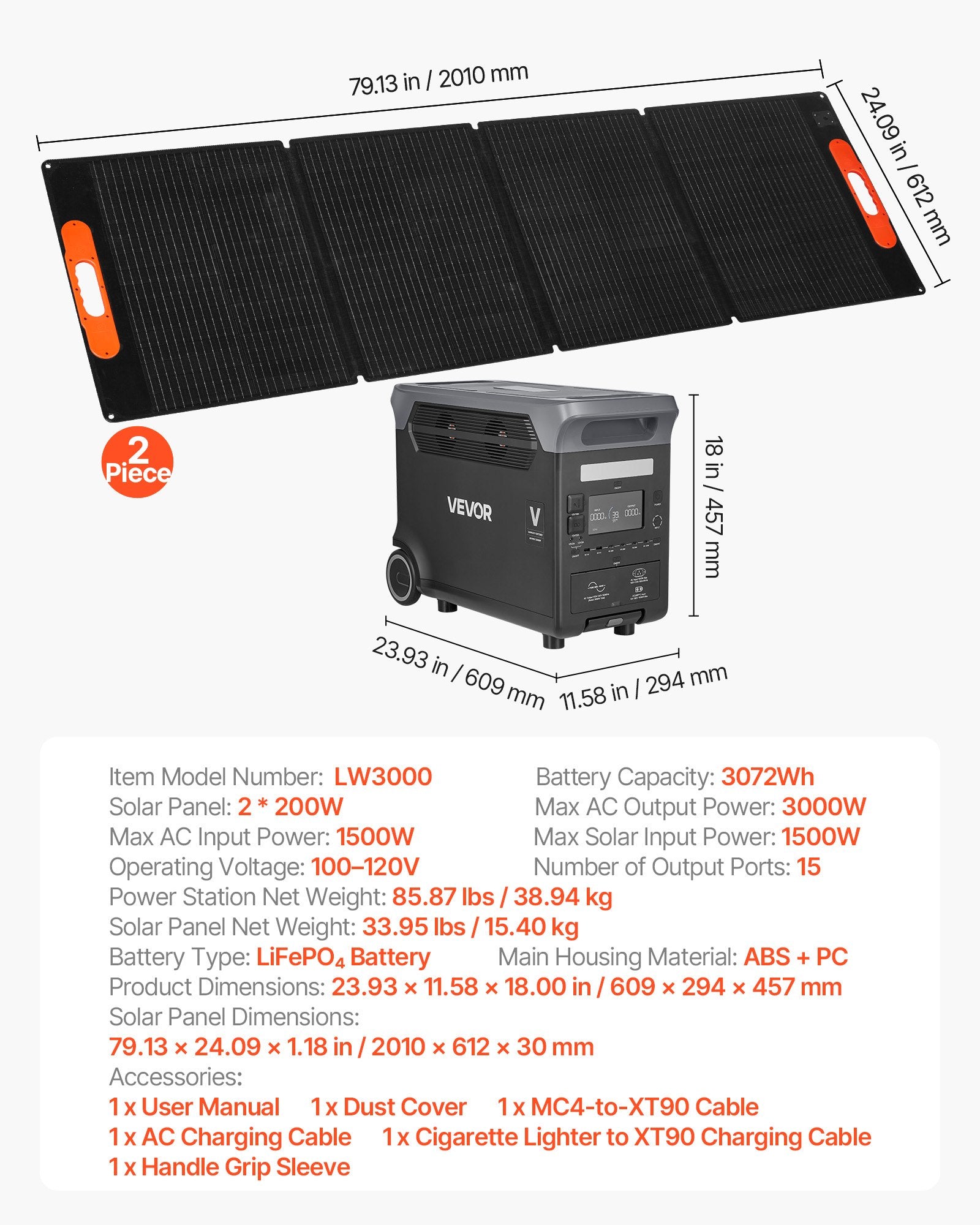 Portable Power Station With 2PCS 200W Solar Panels, 3000W Solar Generator Power Station, 3072Wh LiFePO4 Battery Backup With 15 Output Ports For For Home Emergency, Outdoor Camping, RV Travel