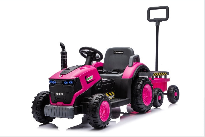 Kids Electric Ride On Tractor With Trailer 12V Powered Children's Farm Tractor Toy Car With LED Lights, Music PP Material For 3-6 Years Old