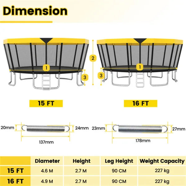 16FT Outdoor Trampoline With 360° Safety Enclosure Net, Family Recreational Trampoline For Backyard
