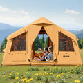 Inflatable Tents For Camping, 8-12 Person Easy Setup Blow Up Tent With Hand Pump, 4 Season Luxury Glamping Tent With 2 Skylights, Canopy, Stove Jack, 2 Doors & Mesh Windows, Include Storage Bag
