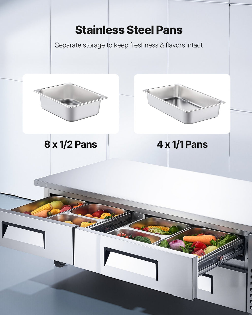 Chef Base Refrigerator, 72" W Commercial Chef Bases Worktop Refrigerators, 4-Drawer Under Counter Fridge With 12 Pans Stainless Steel, Heavy-Duty Refrigerated Base, Invisible Door Handle